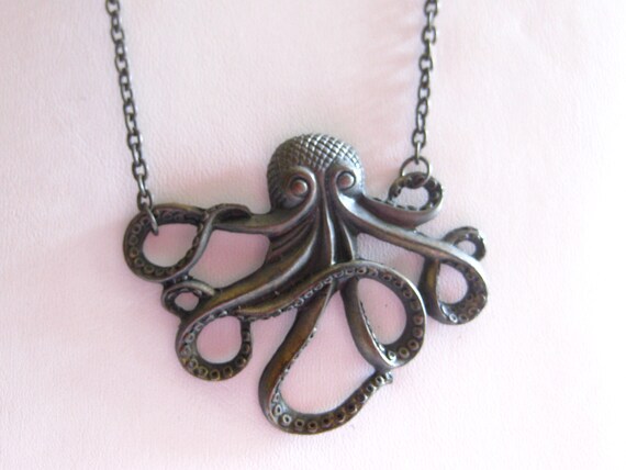 Large Octopus Necklace Pendant Metal Vintage - image 4