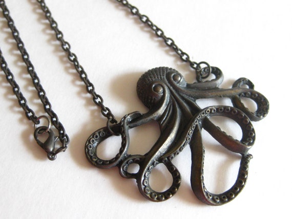 Large Octopus Necklace Pendant Metal Vintage - image 1