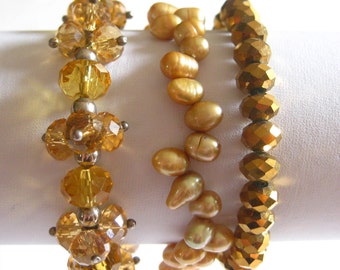 Beaded Bracelet Lot (3) Gold Yellow Stretch Vintage Handmade