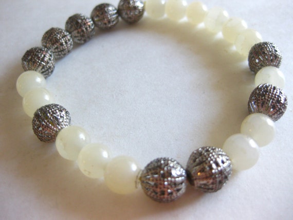 Moonstone Silver Filigree Beaded Bracelet Elastic… - image 1