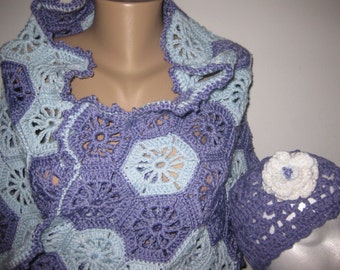 Shawl Wrap Hat Cap New Purple Blue Crochet Granny Square Hexagon Flower 76" Long Free Shipping