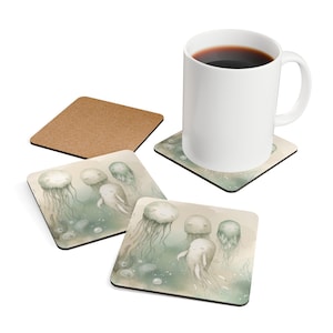 Coaster Set, Whimsical Kawaii Jellyfish Cork Coasters, Cute Ocean Theme Decor, Jellyfish Gifts, Beach House Accessories, Home Decor, Kitchen