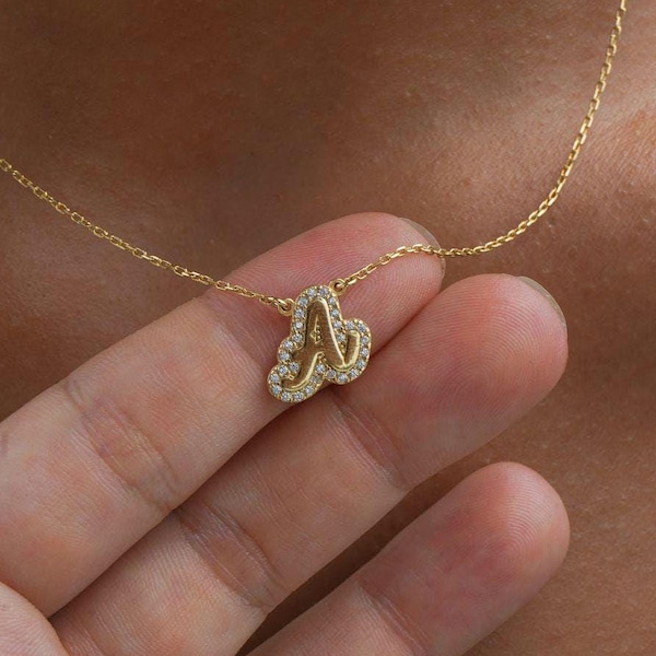 Pave Diamant Blase Buchstabe, zierliche 3d Gold Namensplatte Anhänger, personalisierte Name Halskette Geschenk für sie