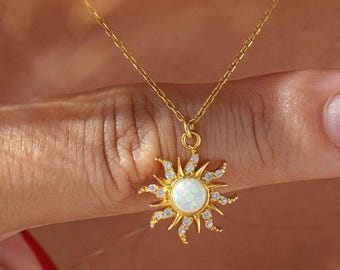 Pave Diamond Castle Sun Opal Pendant Gold, Mother Necklace, Sun Summer Necklace, Sunburst Necklace, Anime Inspired Sun Opal Necklace