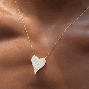 Pave Crystal Heart Diamond Necklace, 14k Gold Plated Love Pendant, Delicate Layering image 1