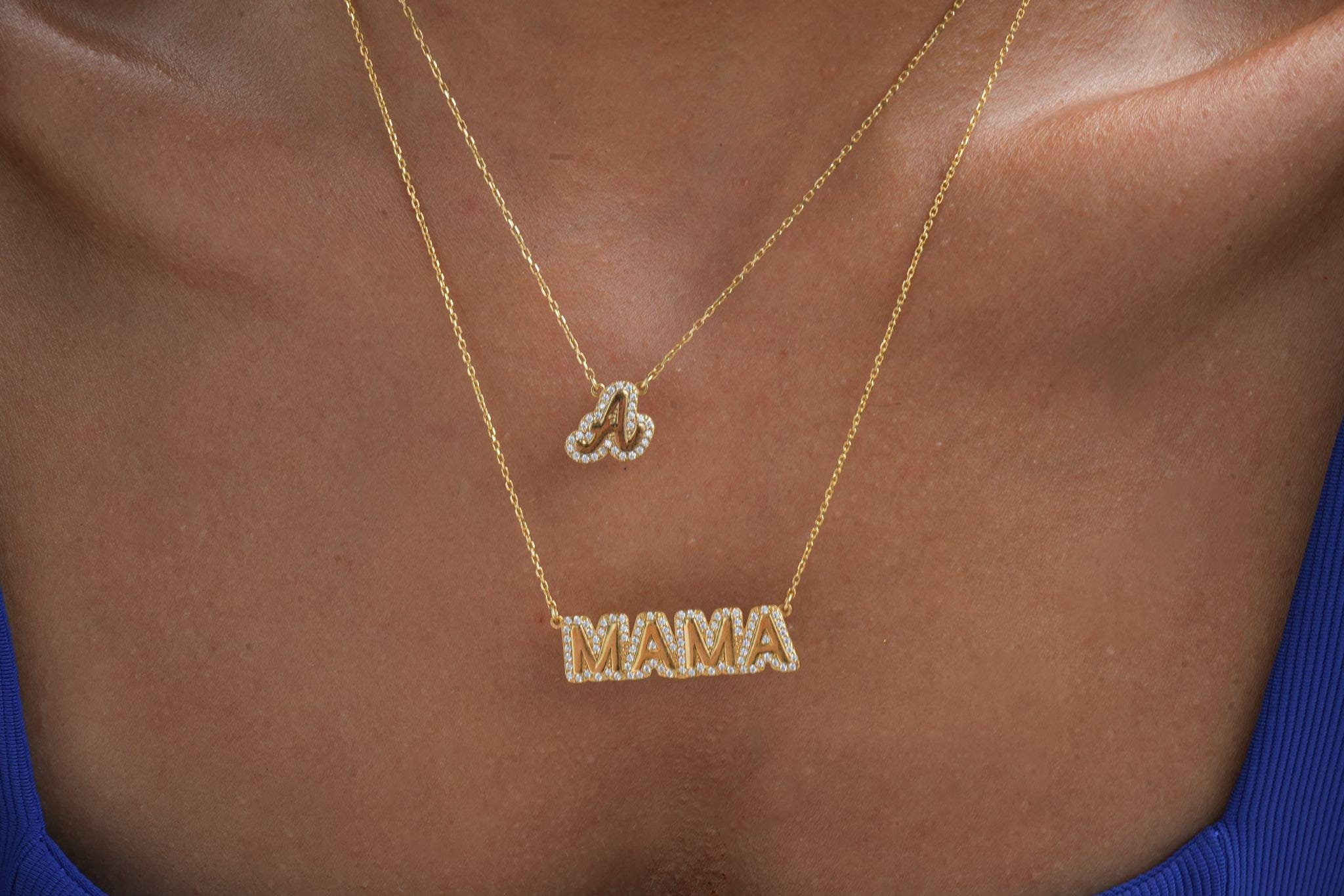 Pave Outline Bubble Letter Necklace,Diamond Enamel Custom Nameplate Necklace, Dainty Gold Name Necklace,Bubble Name Necklace, Bubble Letters