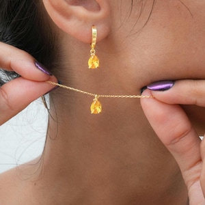 Citrine Necklace, Dainty Yellow Citrine Necklace and Stud Earrings Set, Genuine November Birthstone Necklace, Tiny Teardrop Citrine Pendant