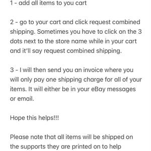May include: Steps for combined shipping on Etsy. Add all items to your cart, then request combined shipping. You will receive an invoice with a single shipping charge for all items. The invoice will be sent to your eBay messages or email.