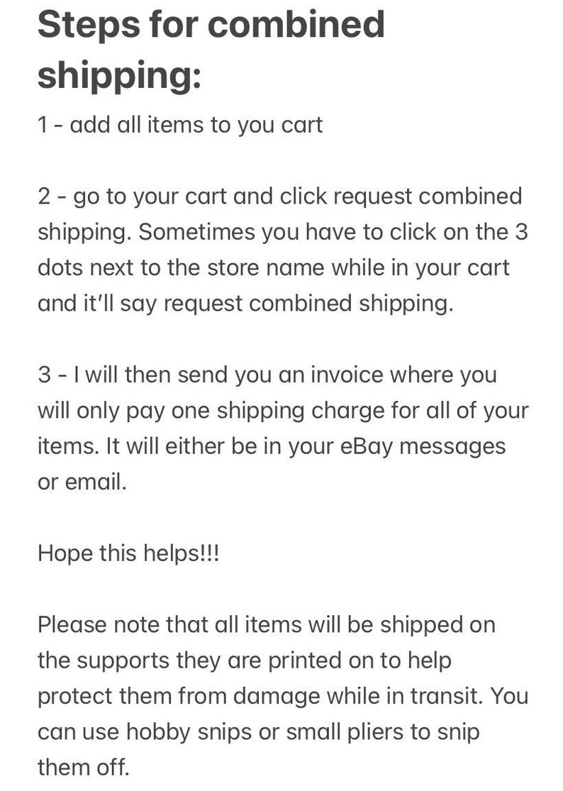 May include: Steps for combined shipping on Etsy. Add all items to your cart, then request combined shipping. You will receive an invoice with a single shipping charge for all items. The invoice will be sent to your eBay messages or email.