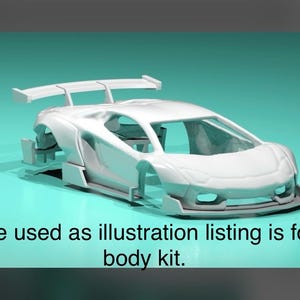 Puede incluir: Ilustración de un kit de carrocería de coche deportivo blanco con alerón trasero, faldones laterales y splitter delantero. El texto "Vehicle used as illustration listing is for the body kit" se muestra en la parte inferior.