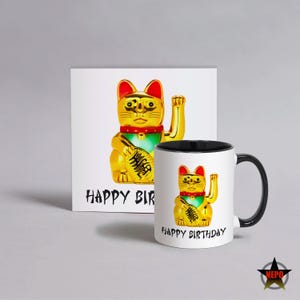 Mug chat chinois agitant drôle, carte d'anniversaire chat chinois porte-bonheur, cadeau chat porte-bonheur doré, coffret cadeau pour amoureux des chats