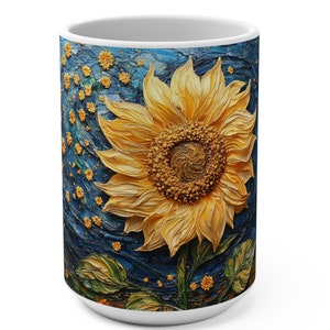 Sunflower Van Gogh Inspired Coffee Mug, Large Floral Drinkware, Art Lover Gift, Yellow Flower Tea Cup, Kitchen Decor, Unique Homeware,