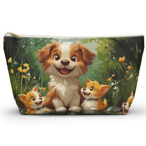 Trousse de maquillage Happy Puppies at the Park - Joli cadeau pour les amoureux des chiens, petite pochette de rangement, trousse de voyage pour le propriétaire d&#39;un animal de compagnie, sac zippé à imprimé animal, chiot