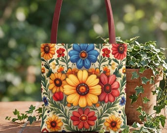 Folk Floral Pattern Tote | Colorful Sunflower Bouquet All-Over Print