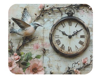 Vintage Pocket Watch with Bird Illustration Mouse Pad | Floral Timepiece Desk Mat
