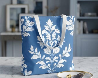 White Damask Pattern Tote Bag | Blue Floral Baroque Tote