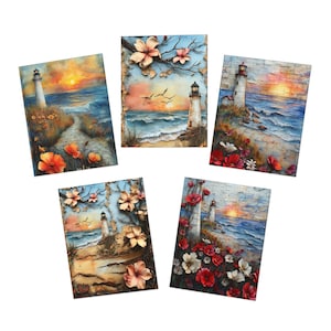 Lot de 5 cartes de voeux vierges avec enveloppes, cartes de correspondance Phare rustique, ensemble de papeterie, cartes faites main, papeterie, cartes de correspondance