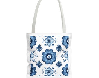 Blue Floral Polyester Tote Bag: Stylish Reusable Shopping Bag