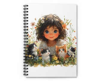 Girl and Kittens Spiral Notebook, Floral Kitty Lover Journal