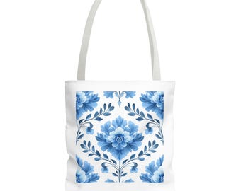 Blue Floral Polyester Tote Bag: Stylish Reusable Shopping Bag