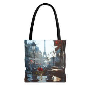 Parisian Breakfast Tote Bag, French Style Market Bag, Eiffel Tower Grocery Tote, Travel Lover Reusable Bag, Brunch in Paris Shoulder Bag