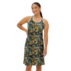Hawaiian Print Women&#39;s Racerback Dress, Summer Beach Sundress, Tropical Floral Pattern, Luau Party Apparel, Vacation, Resort Wear