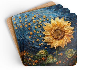 Sunflower Coaster Set: Van Gogh Inspired Cork Drink Coasters