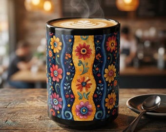 Bright Folk Floral Pattern Black Mug | Colorful Flower Stripe Ceramic Mug