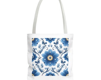 Blue Floral Polyester Tote Bag: Stylish Reusable Shopping Bag