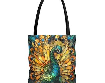 Stained Glass Peacock Tote Bag | Vibrant Floral Feather Illustration