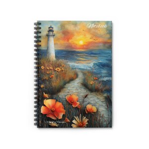 May include: A spiral bound notebook with a watercolor painting of a lighthouse on a rocky shore with orange flowers. The sky is a vibrant orange and yellow with a sunset in the background. The text "Notebook" is written in white cursive at the top of the image.
