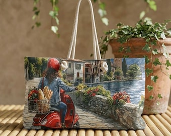 Woman on Red Vespa by Lake weekender bag | Italian village travel scene, baguette basket
