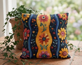 Folk Floral Stripe Pillow | Colorful Sunflower Garden Outdoor Cushion