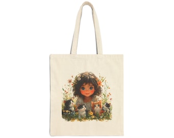 Girl with Kittens Cotton Canvas Tote Bag: Eco-Friendly Shopping Bag