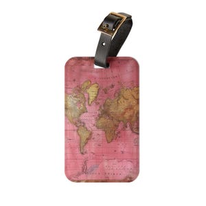 Reisegepäckanhänger - Vintage Pink und Gold Weltkarte Design, Sommerferien Accessoire, personalisiertes Geschenk für Reisende, Flughafen Essentials
