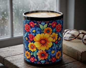 Vibrant Floral Pattern Black Mug | Colorful Daisy Bouquet Ceramic