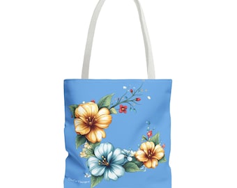 Blue Floral Tote Bag: Whimsical Flower Print Shopping Bag