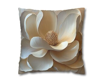Neutral Magnolia Flower Square Pillowcase | Floral Decorative Throw Pillow Cover