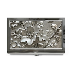 Eleganter Blumen Visitenkartenhalter, Silber Kartenetui, Stilvolles Geschenk für Profis, Büro Accessoire, Einzigartiges Geschenk