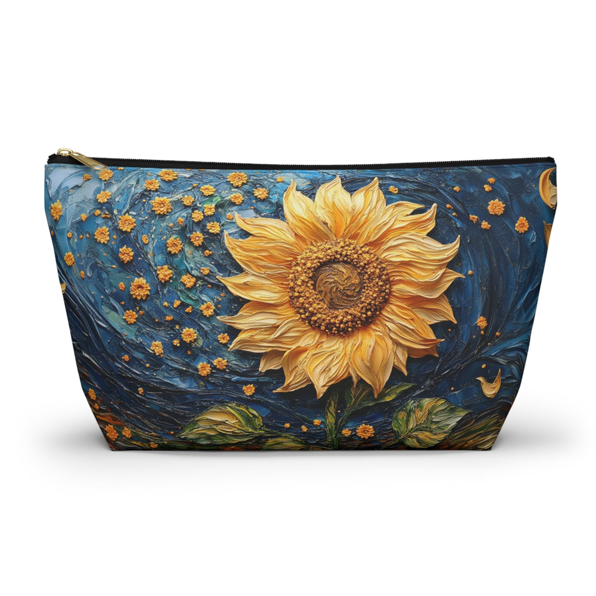 Van Gogh Inspired Makeup Bag Accessory Pouch w T-bottom, Sunflower Cosmetic Case, Travel Toiletry Organizer, Sunflower Flower Zippered Pouch