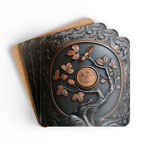 Coaster Set, Twisted Tree Bronze Etching Design, Drink Coasters, Barware, Home Decor, Housewarming Gift, Rustic Coasters