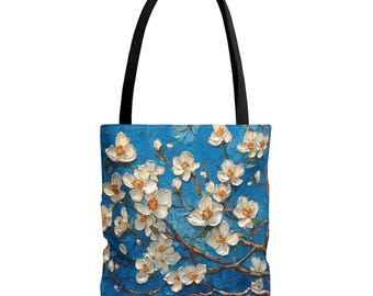 Floral Art Tote Bag: Blue Blossom Design, Eco-Friendly Polyester