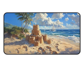 Desk Mat/Mouse Pad with Sandcastle Beach, Ocean Desk Accessory, Ocean Sailing Mousepad, Office Decor,  Desk Protector