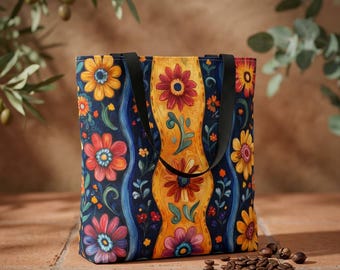 Folk Floral Stripe Tote Bag | Colorful Flower Pattern, All-Over Print