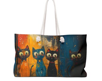 Colorful Cat Art Weekender Bag: Cat Lover Travel Tote