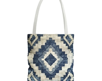 Navy Geometric Tote Bag: Kilim Inspired Shopper, Beach Organizer