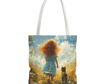 Wildflowers Tote Bag: Girl with Red Hair & Tabby Cat