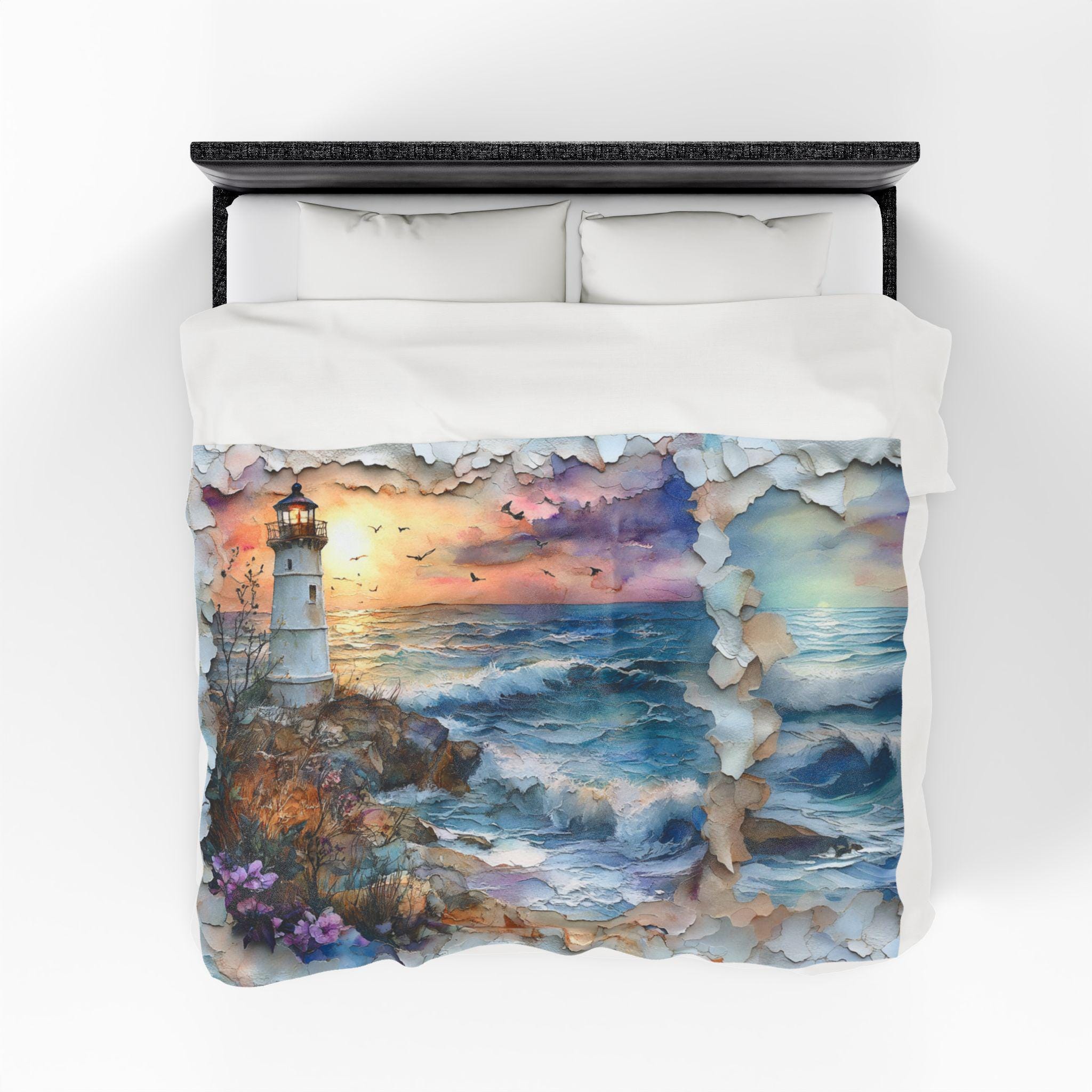 Coastal Lighthouse Sunset Throw Blanket: Nautical Fleece Bedding