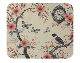 Vintage Cherry Blossom Bird Mouse Pad | Floral Butterflies Clock