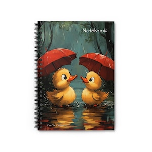 Cuaderno espiral: patitos con paraguas rojos jugando bajo la lluvia, lindo diario de animales, útiles escolares para niños, regalo de regreso a clases, con líneas
